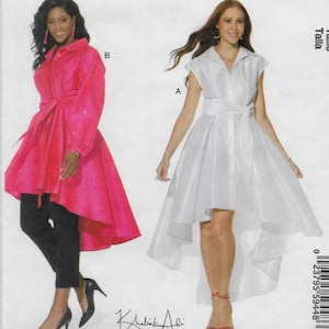 May include: A pattern featuring two shirt dresses. One is a vibrant pink with long sleeves and a belted waist, the other is a white, sleeveless design with a high-low hemline and a belted waist. The designer's signature is at the bottom.