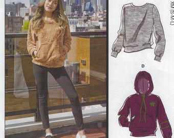 M8070 McCall's - Unisex Men's Pullover tops has hoodie, pocket and trim variations - new sewing pattern - sz XM(S-L) or Xn(Xl-Xxxl)