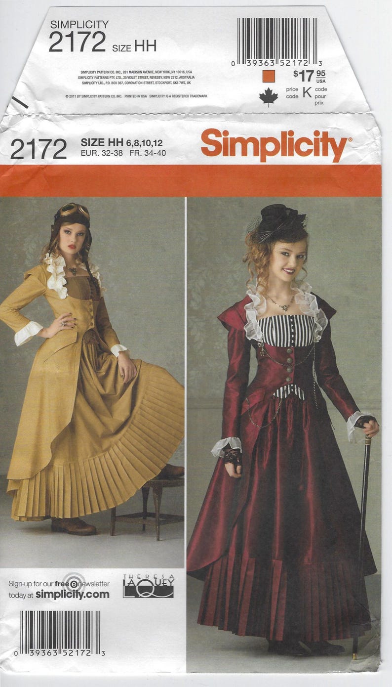 May include: Simplicity pattern 2172 for size HH, featuring two women's costume designs. The pattern includes sizes 6, 8, 10, and 12. The image shows a mustard yellow and a burgundy dress with pleated skirts.