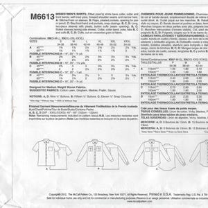 May include: A sewing pattern for men's shirts, featuring various shirt styles with short and long sleeves, pockets, and button closures. The pattern includes size charts and fabric suggestions. The pattern number is M6613.