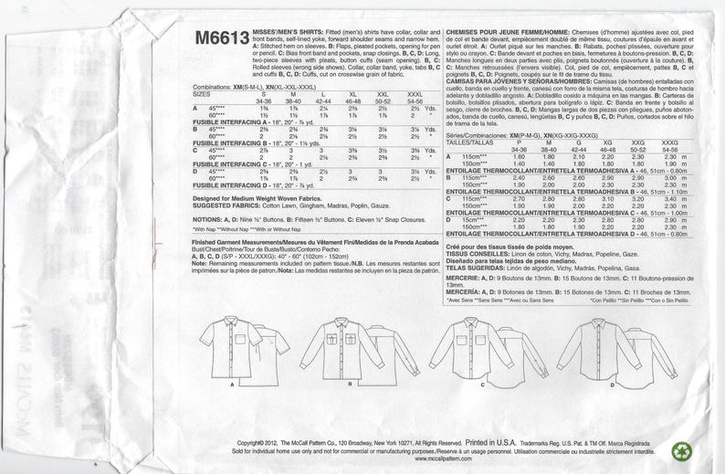 May include: A sewing pattern for men's shirts, featuring various shirt styles with short and long sleeves, pockets, and button closures. The pattern includes size charts and fabric suggestions. The pattern number is M6613.