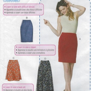 May include: A sewing pattern for skirts, featuring a woman wearing a red skirt. The pattern includes instructions for different skirt styles, including a denim skirt, an orange floral skirt, and a black floral skirt. The text reads "Learn to Sew FOR FUN".