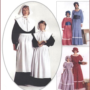 May include: A sewing pattern illustration featuring three styles of long dresses with bonnets. Style A shows black dresses with white aprons and collars. Style B shows long-sleeved dresses with corsets. Style C shows floral dresses with puffed sleeves.