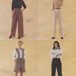May include: A sewing pattern envelope titled 3 HOUR PERFECT TROUSERS featuring four variations of trousers and shorts. The images display wide-leg brown trousers, beige trousers, plaid shorts with a vest, and black trousers, all with high-waisted fits.