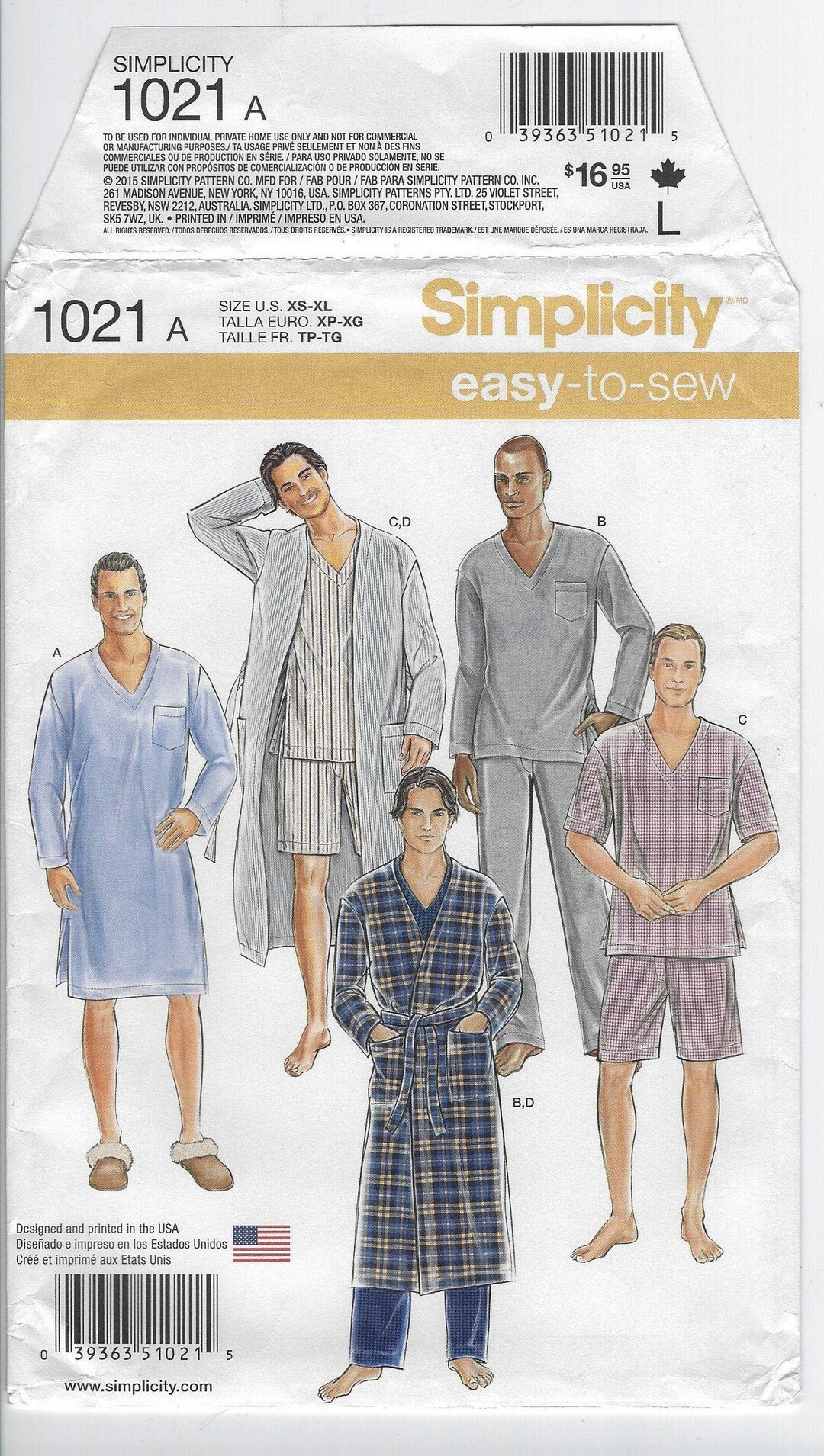 1021 Simplicity Easy to Sew Men's Sleepwear Robe and Nightshirt or ...