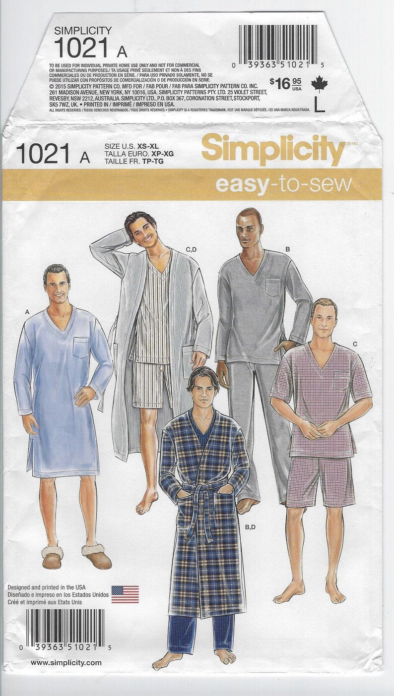 1021 Simplicity Easy to Sew Men's Sleepwear Robe and Etsy