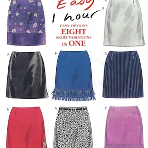 May include: A sewing pattern illustration featuring eight skirt variations with the text Easy 1 hour, EASY OPTIONS EIGHT SKIRT VARIATIONS IN ONE. The designs include floral, solid, pinstriped, fringed, herringbone, and lace-trimmed skirt styles.