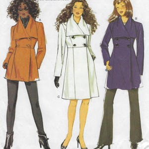 May include: Illustration of three women modeling different coat designs. The coats are in orange, white, and purple. Each coat has a double-breasted design. The models are wearing black leggings or pants and heels. The image is a pattern for ABC, D cup sizes.