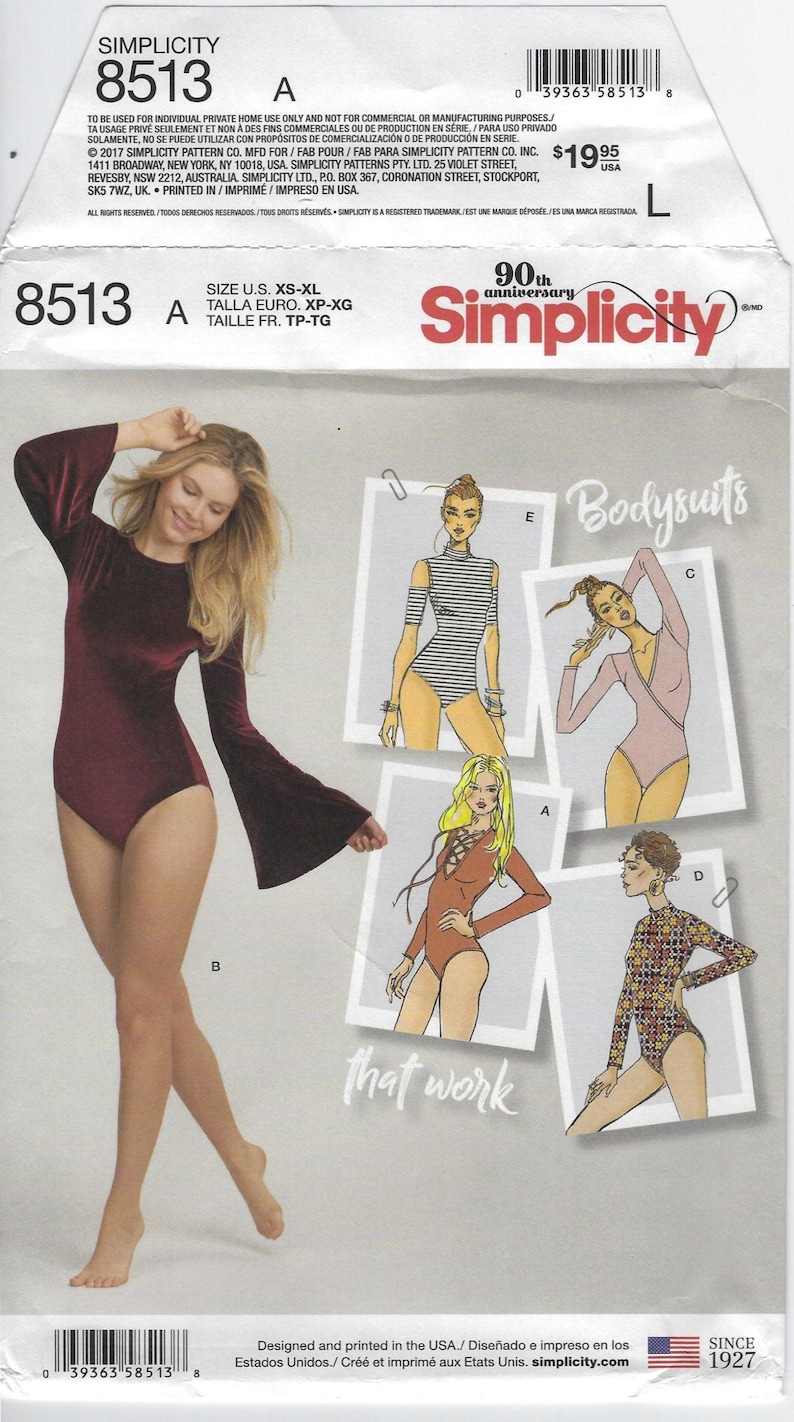 K&ouml;nnte beinhalten: Simplicity Schnittmuster Nummer 8513 f&uuml;r Bodys. Das Schnittmuster beinhaltet f&uuml;nf verschiedene Stile: ein burgunderfarbener Body mit Glocken&auml;rmeln, ein gestreifter Body mit Cold-Shoulder-&Auml;rmeln, ein rosa Body mit Wickel-Ausschnitt, ein brauner Body mit Schn&uuml;rung vorne und ein mehrfarbiger Body mit hohem Kragen. Das Schnittmuster wurde in den USA entworfen und gedruckt.