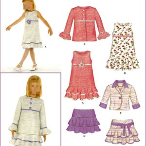 May include: A sewing pattern illustration featuring various garments labeled A through F. Designs include sleeveless dresses with ruffled hems, a long-sleeved jacket with flared cuffs, a floral print dress, a collared jacket, and tiered skirts with ribbon accents.