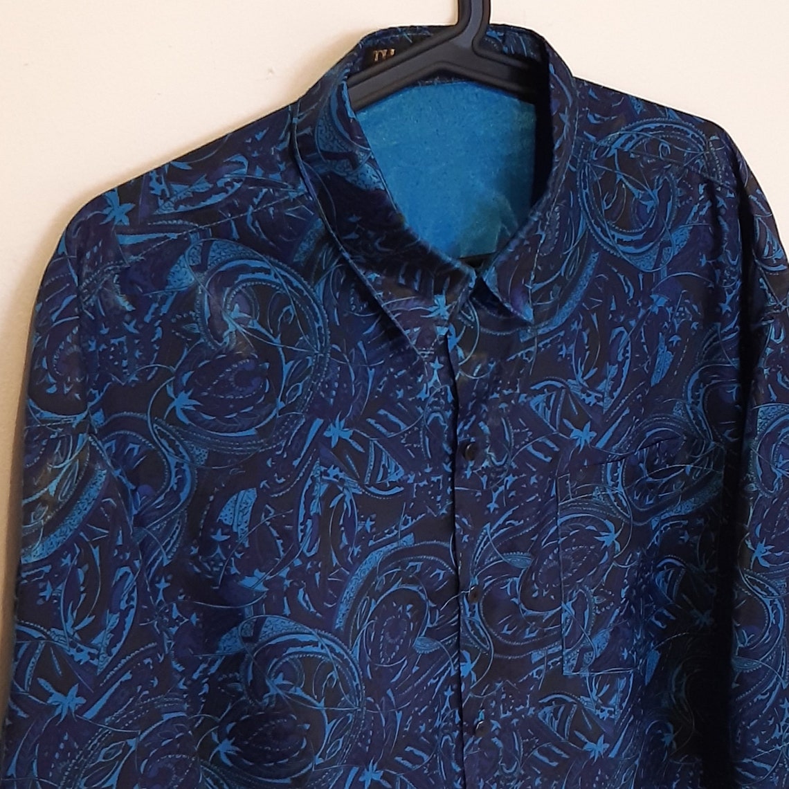 Blue Printed Silk Vintage Men Shirt Etsy
