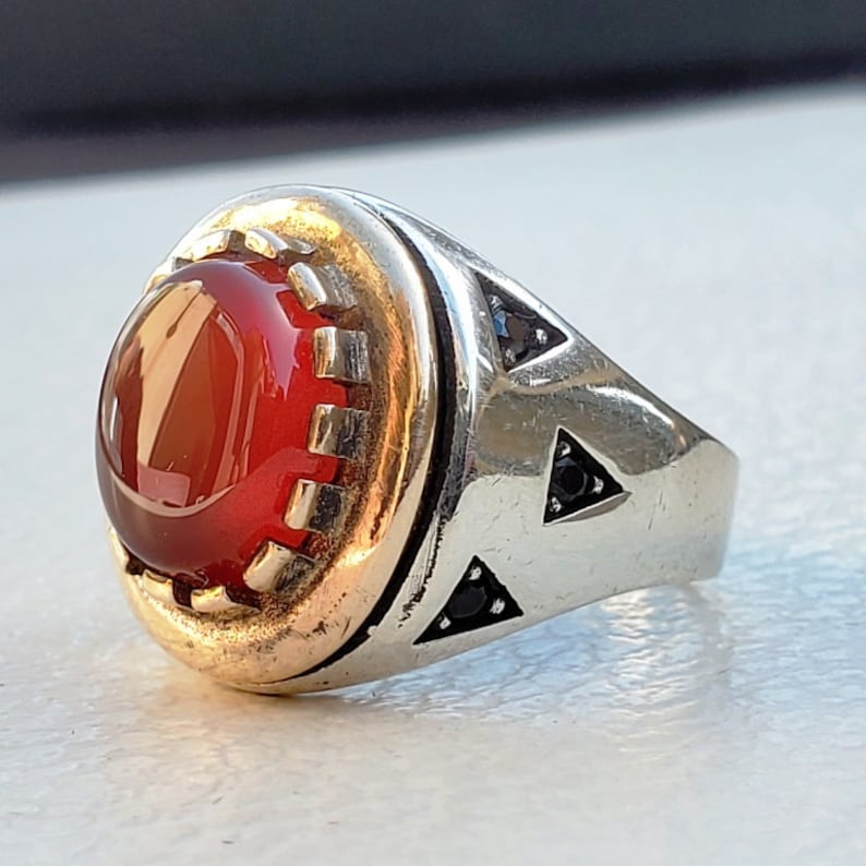 handmade yemen 925 Sterling Silver Mens Ring Carnelian Agate Aqeeq Craftmanship