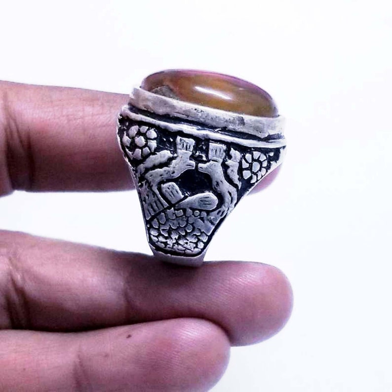 antique yemeni 925 sterling silver ring genuine natural 100/% agate aqeeq yemen