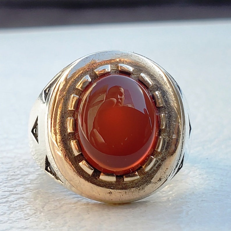 handmade yemen 925 Sterling Silver Mens Ring Carnelian Agate Aqeeq Craftmanship
