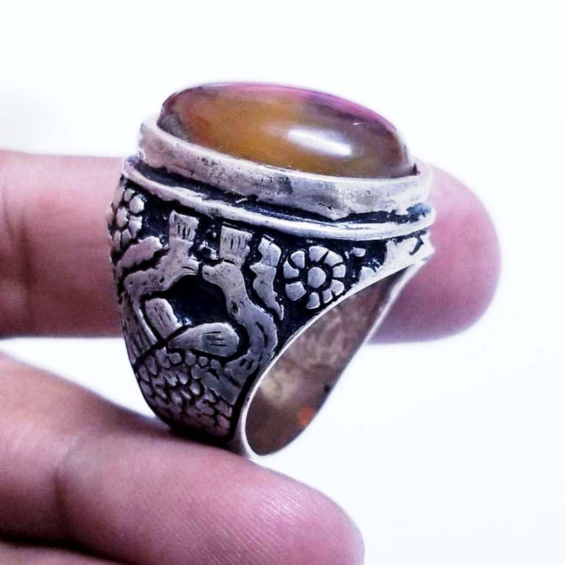 antique yemeni 925 sterling silver ring genuine natural 100/% agate aqeeq yemen