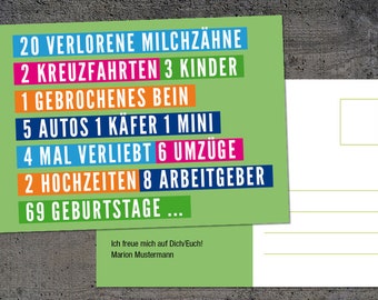 Invitation to 70 birthday, postcard format card, front back: 20 lost milk teeth, children, cars, Birthdays