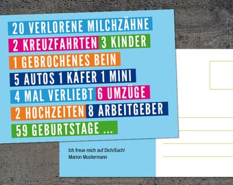 Invitation to 60 birthday, postcard in din A6 format, front back: 20 lost milk teeth-59 birthdays
