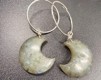 Labradorite Crescent Moon Earrings | Made to Order | Sterling Silver Hoops | Natural Crystal Moon Earrings | Celestial Jewelry
