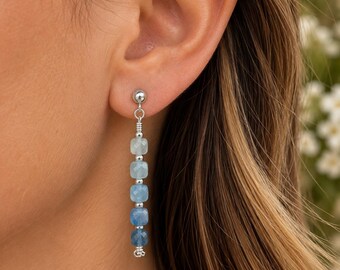 Blue Ombré Aquamarine Dangle Earrings | Handmade Gemstone Stud Earrings | Sterling Silver | Natural Stone Jewelry | Gift for Her