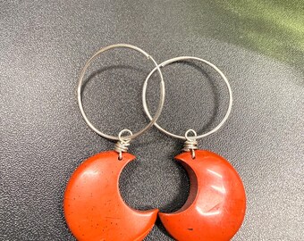 Red Jasper Crescent Moon Earrings | Made to Order | Sterling Silver Hoops | Natural Stone Earrings | Celestial Moon Jewelry
