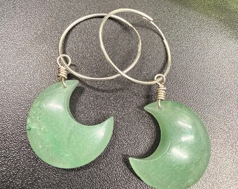 Green Aventurine Crescent Moon Earrings | Made to Order | Sterling Silver Hoops | Natural Crystal Earrings | Celestial Moon Jewelry