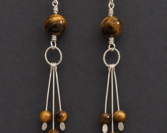 Tiger’s Eye & Sterling Silver Dangle Earrings, Handmade Boho Beaded Earrings