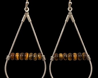 Tiger’s Eye Teardrop Earrings, Handmade Beaded Hoop Earrings, Earthy Boho Jewelry