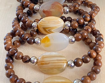 Botswana Agate Mala Braclet | Women’s Bracelet | Men’s Bracelet | Diffuser Braclet | Wood Bracelet| Yoga | Meditation | Natural Stone