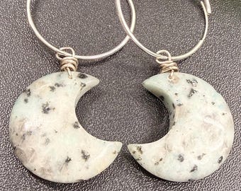 Kiwi Jasper Crescent Moon Earrings | Sterling Silver Hoop Earrings | Natural Stone Earrings | Crystal Moon Jewelry | Boho Earrings