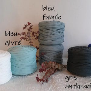 May include: A collection of colorful fabric yarn rolls in white, light blue, gray, dark gray, and blue. The image includes text labels in French: blanc, bleu givr&eacute;, bleu fum&eacute;e, gris anthracite, and bleu marine.
