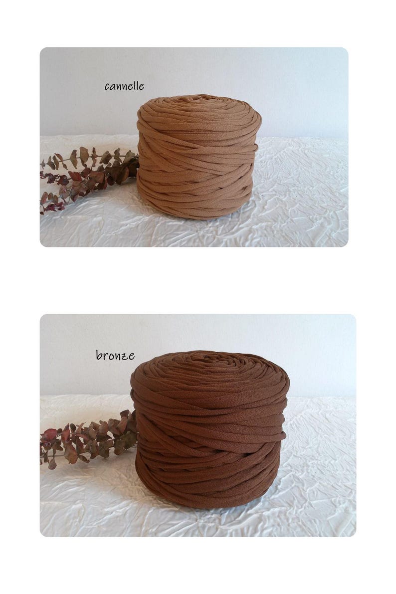 May include: Two spools of fabric yarn in shades of brown. The top spool is labeled "cannelle" and is a light brown color. The bottom spool is labeled "bronze" and is a darker brown color. Both spools are cylindrical.