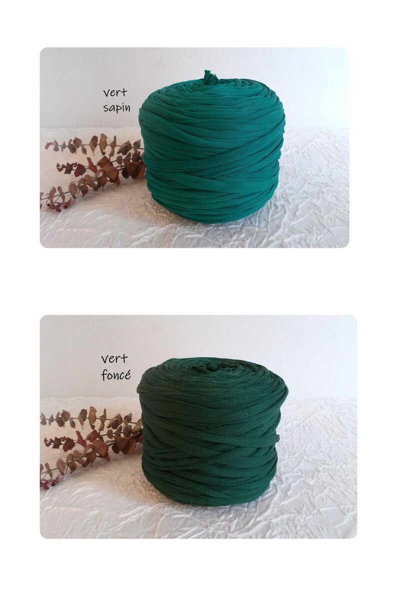 May include: Two spools of green fabric yarn. The top spool is a vibrant forest green, labeled "vert sapin." The bottom spool is a darker, deep green, labeled "vert fonc&eacute;." Both are on a white textured surface.