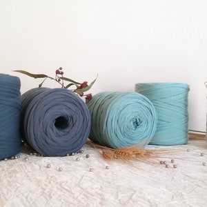 May include: Four spools of yarn in different shades of blue and grey. The yarn is made from recycled t-shirts and is ideal for crocheting or knitting.