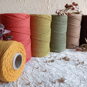 May include: Six spools of cotton rope in various autumnal colours, including orange, yellow, green, brown, and beige. The spools are arranged in a row on a white surface.