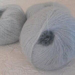 May include: Three skeins of light blue yarn with a fuzzy texture.