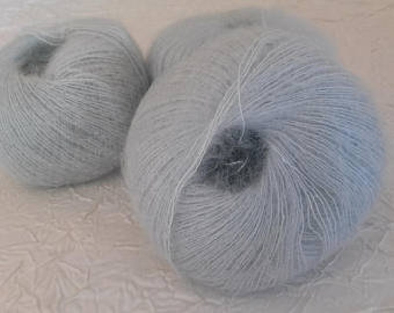 May include: Three skeins of light blue yarn with a fuzzy texture.