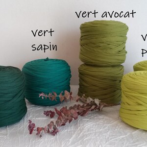 May include: A collection of green fabric yarn in various shades, including dark green, teal, and avocado green. The yarn is arranged in neat, round bundles, with labels indicating the color names. A sprig of dried leaves adds a natural touch.