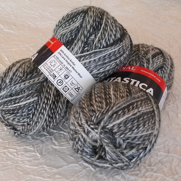 Lana de punto, lana de fantasía, lana de calidad Mondial Fantastica, lana de fantasía jaspeada en verdes y grises, 100 g, 280 m.
