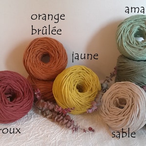 Peut inclure: Dix pelotes de cordon en coton de différentes couleurs, dont orange, jaune, rouge, vert et beige. Les pelotes sont étiquetées avec leurs noms de couleur en français.