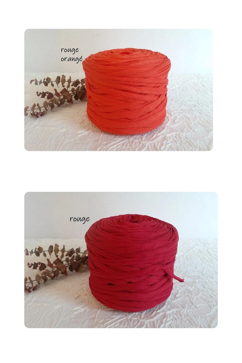 May include: Two spools of fabric yarn in the image. The top spool is orange, and the bottom spool is red. The text "rouge orang&eacute;" is above the orange spool, and the text "rouge" is above the red spool. The yarn is tightly wound.