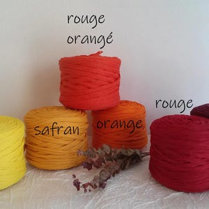 May include: A collection of colorful yarn skeins in shades of yellow, orange, and red. The image includes text labels in French: "jaune", "safran", "orange", "rouge", "rouge carmin", and "rouge orang&eacute;".