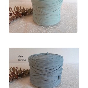May include: Two spools of fabric yarn in shades of blue. The top spool is a light blue, and the bottom spool is a muted blue. The text "bleu givr&eacute;" and "bleu fum&eacute;e" are visible on the image. The yarn is arranged in a cylindrical shape.