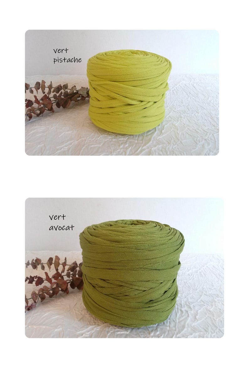 May include: Two spools of fabric yarn in shades of green. The top spool is a bright pistachio green, and the bottom spool is a darker avocado green. The text "vert pistache" and "vert avocat" are visible.