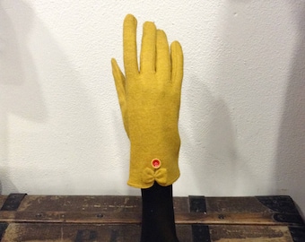 Mustard yellow fingerless gloves in wool, yellow bow and red yellow button, one size