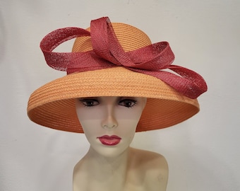 Capeline mariage rouge orange en sisal et imitation paille , article fabriqué sur mesure, custom made item