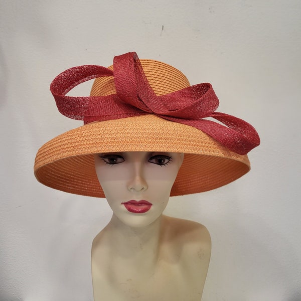 Capeline mariage rouge orange en sisal et imitation paille , article fabriqué sur mesure, custom made item