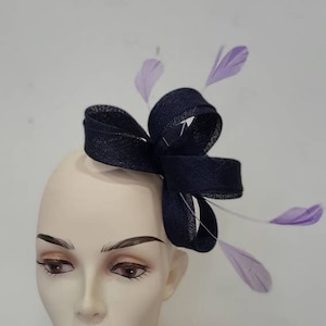 Navy blue and purple fascinator, sisal, feathers, wedding ceremony, &quot;madness knot&quot; model, custom made item, custom made item
