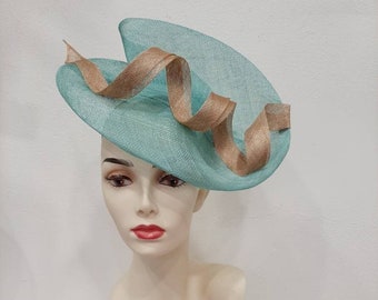 Bibi  mariage en sisal bleu lagon et marron cerf, modèle "SCOUBIDOU", article fabriqué sur mesure