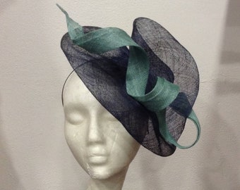 Lagoon and navy blue wedding fascinator, double scroll shape Scoubidou, custom made item, custom made item
