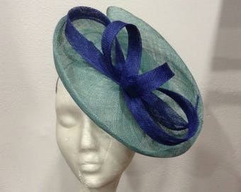 Lagoon and midnight blue wedding fascinator, double scroll shape, custom made item, custom made item